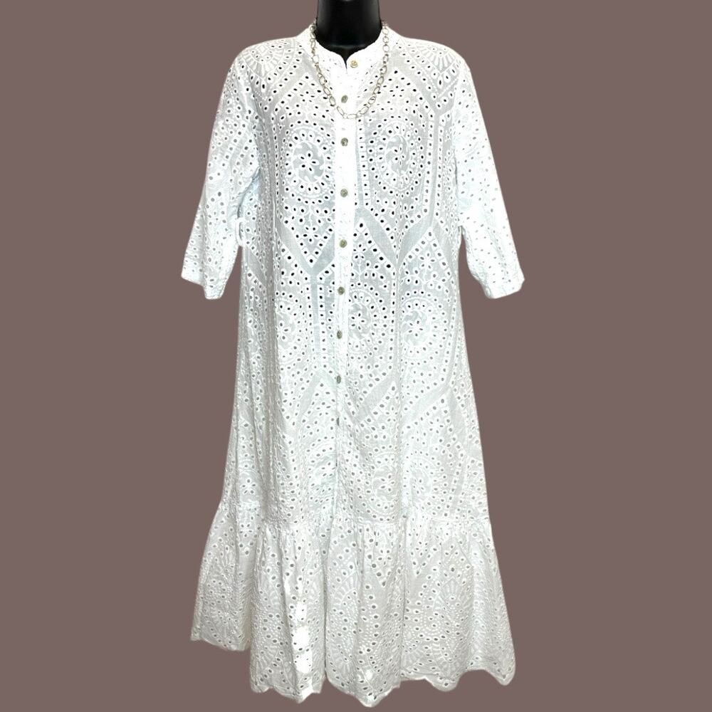 Milio Milano Women's boho 100% cotton Eyelet 3/4 sleeve midi Dress Size S NWOT - Picture 2 of 9
